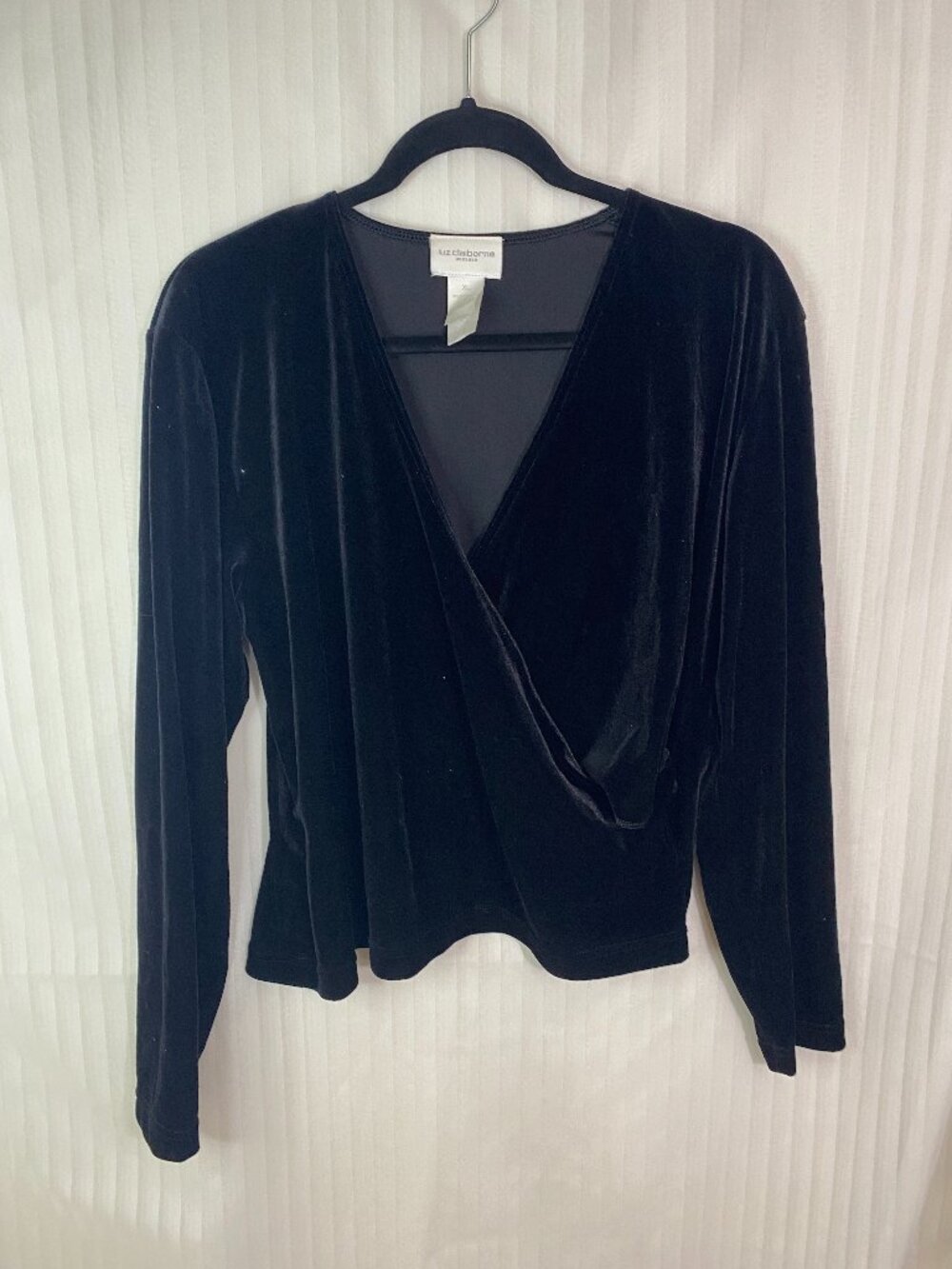 Vintage Liz Claiborne XL Black Velvet Wrap Top Long Sleeve Stretch Goth Y2K